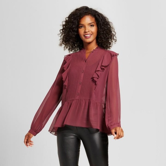 Who What Wear | NWT Sheer Tuxedo Ruffle Bib Blouse - Picture 7 of 8